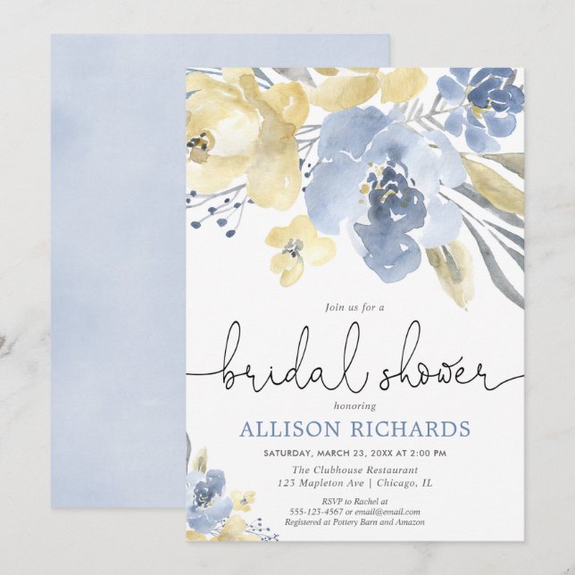Dusty blue and yellow floral bridal shower invitation (Front/Back)