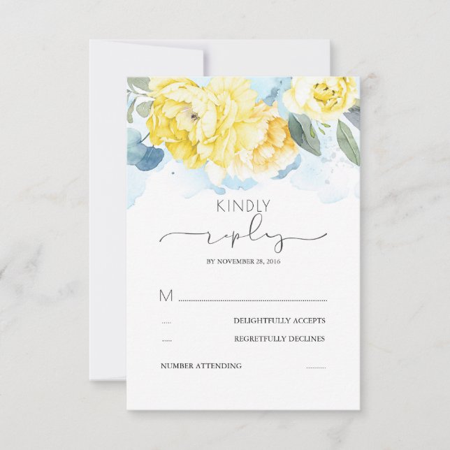 Dusty Blue and Yellow Flowers Wedding RSVP Card (Front)