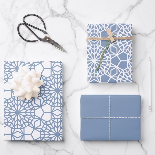 Dusty Blue Arabesque Geometric Pattern Wrapping Paper Sheet (Front)