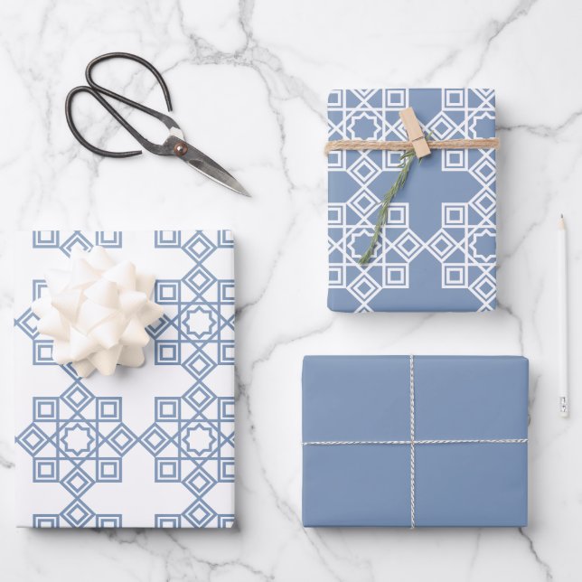 Dusty Blue Arabesque Geometric Pattern Wrapping Paper Sheet (Front)
