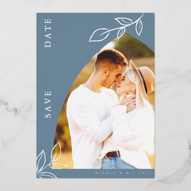 Dusty Blue Arch Foil Leaf Save The Date Card (Front)
