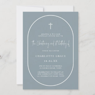 Dusty Blue Arch Modern Joint Christening Birthday  Invitation