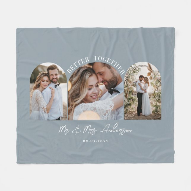Dusty blue arch multi photo wedding gift decor fleece blanket (Front (Horizontal))