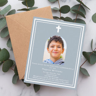 Dusty blue arch photo First Communion invitation