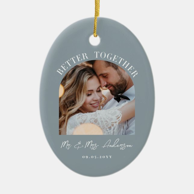 Dusty blue arch photo wedding gift home decor ceramic ornament (Front)