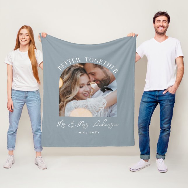 Dusty blue arch photo wedding gift home decor fleece blanket (In Situ)
