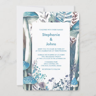 Dusty Blue Art Woodland Mushroom Elegant Wedding Invitation