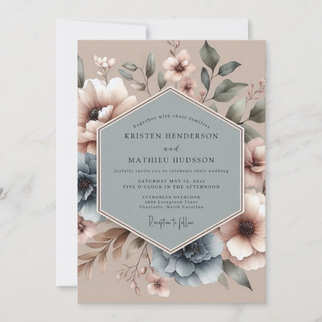Dusty Blue Artful Bloom Wedding Invitation (Front)