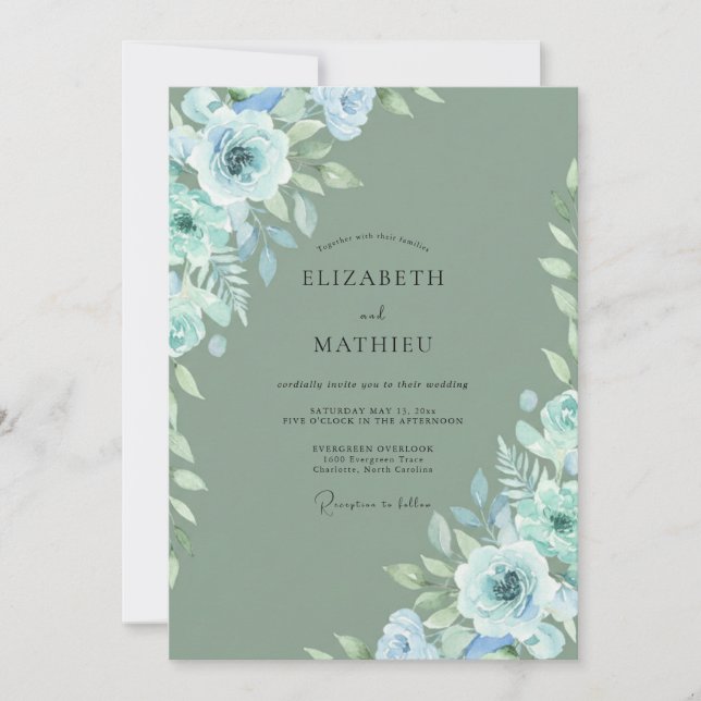 Dusty Blue Artistic Bloom Wedding Invitation (Front)