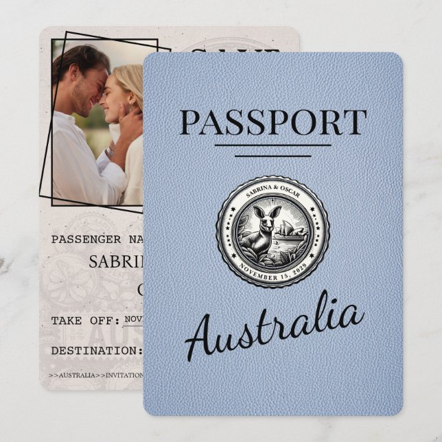 Dusty Blue Australia Passport Save The Date (Front/Back)
