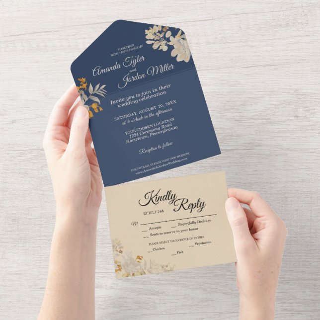 Dusty Blue Autumn Boho Wedding All In One Invitation (Tearaway)