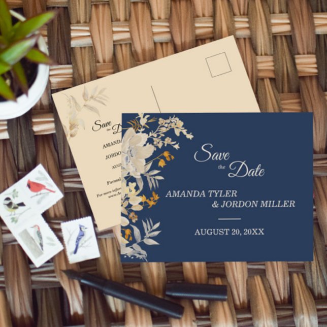 Dusty Blue Autumn Boho Wedding Save the Date Announcement Postcard (Creator Uploaded)