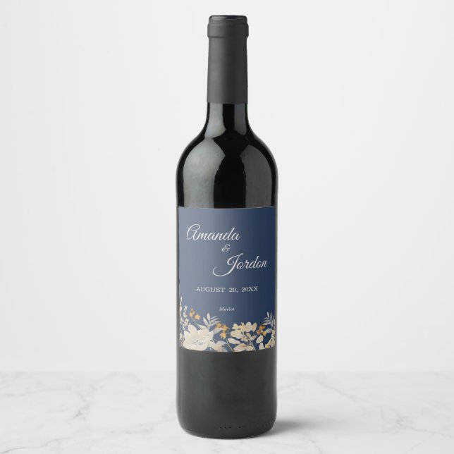 Dusty Blue Autumn Boho Wedding Wine Label (Front)