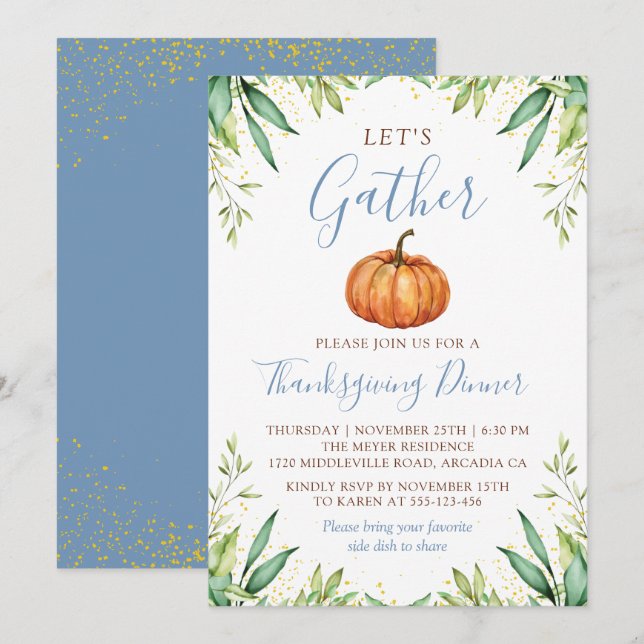 Dusty Blue Autumn Pumpkin Thanksgiving Dinner Invitation (Front/Back)
