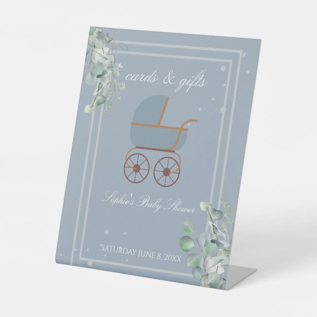 Dusty Blue Baby Carriage Cards & Gift Pedestal Sign (Front)