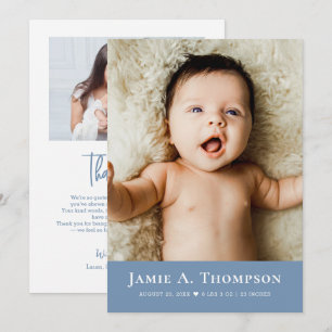 Dusty Blue Baby Photo Thank you Heart Modern Birth Announcement