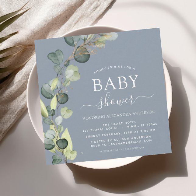 Dusty Blue Baby Shower Greenery Eucalyptus Invitation (Creator Uploaded)