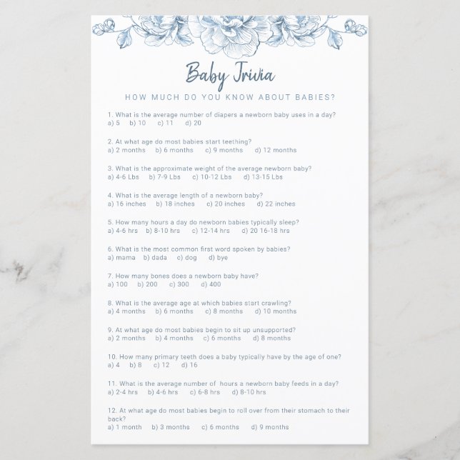 Dusty Blue Baby Shower Trivia Game Elegant Floral (Front)