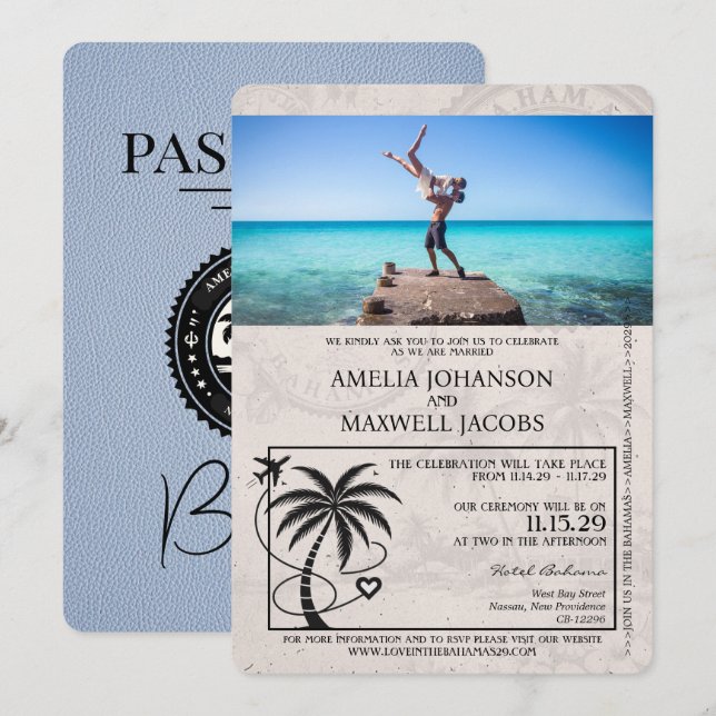 Dusty Blue Bahamas Passport Wedding Invitation (Front/Back)