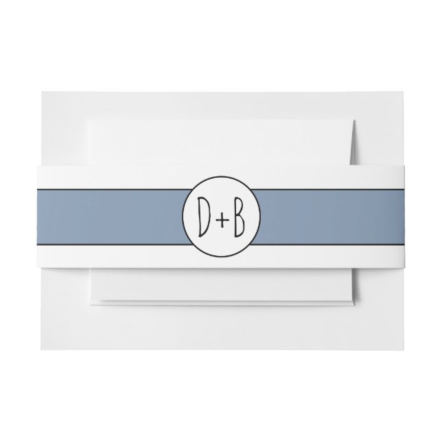 Dusty blue band and initials wedding invitation belly band (Front Example)