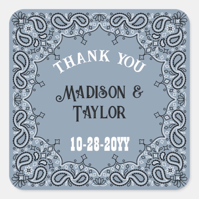 Dusty Blue Bandana Thank You Western Wedding Square Sticker (Front)