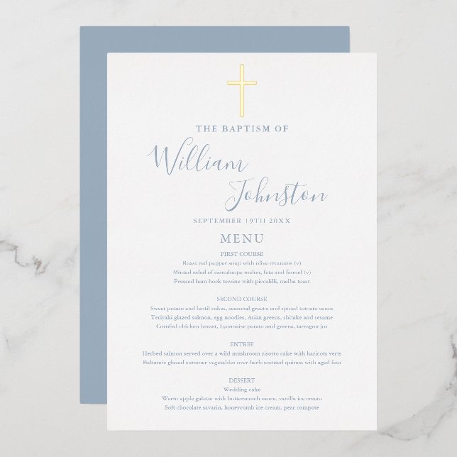 Dusty Blue Baptism Christening Gold Foil Carte de  (Recto/Verso)