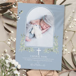 Dusty Blue Baptism Greenery Arch Photo Thank You Card<br><div class="desc">Modern baptism christening photo thank you card. Personalize with your photo and special baptism,  christening thank you message in chic white lettering on this modern elegant design featuring an elegant white arch and watercolor greenery foliage on a dusty blue background. Designed by Thisisnotme©</div>
