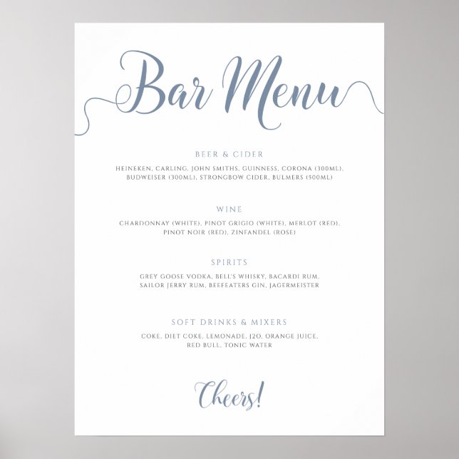 Dusty Blue Bar Menu Wedding Drinks List Poster (Front)