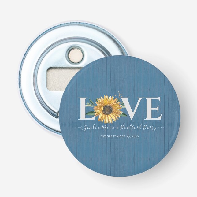 Dusty Blue Barn Wood, Golden Sunflower Wedding Bottle Opener (Front)