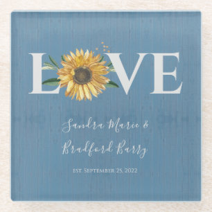 Dusty Blue Barn Wood, Golden Sunflower Wedding Glass Coaster