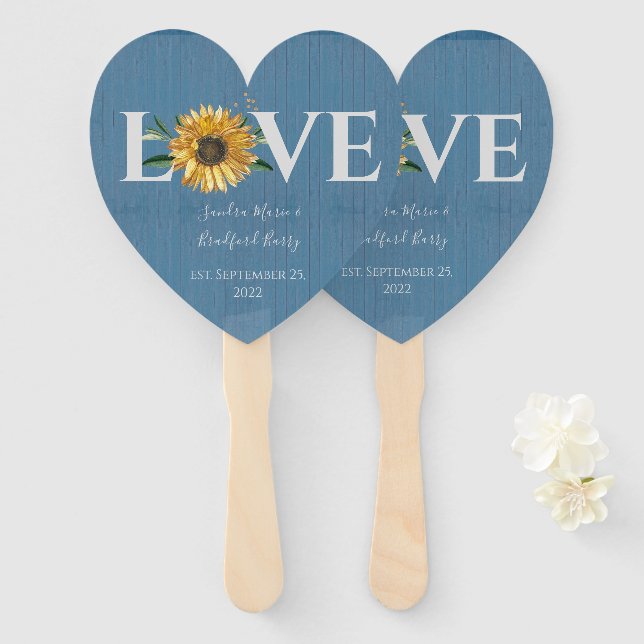 Dusty Blue Barn Wood, Golden Sunflower Wedding  Hand Fan (Front and Back)
