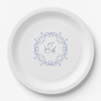 Dusty Blue Baroque Monogram Wedding Paper Plate