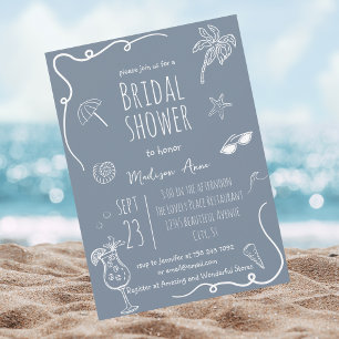 Dusty Blue Beach Doodles Bridal Shower Invitation
