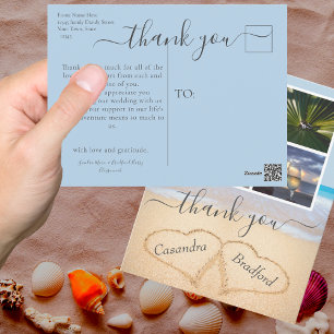 Dusty Blue Beach Heart Sand Wedding Thank You Postcard