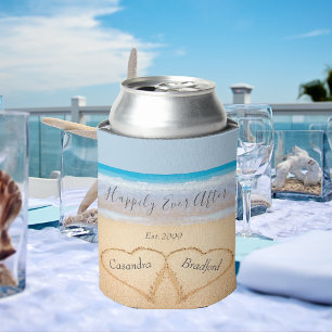 Dusty Blue Beach Wedding 2 Hearts Can Cooler
