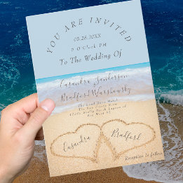 Dusty Blue Beach Wedding 2 Hearts Sand Wedding Invitation