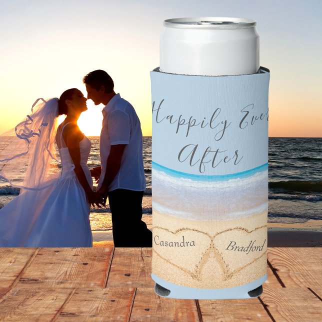 Dusty Blue Beach Wedding 2 Hearts  Seltzer Can Cooler (Creator Uploaded)