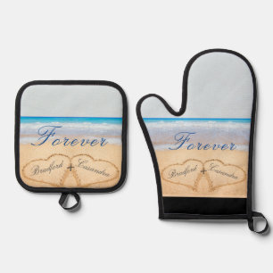 Dusty Blue Beach Wedding /Anniversary Hearts Sand Oven Mitt & Pot Holder Set