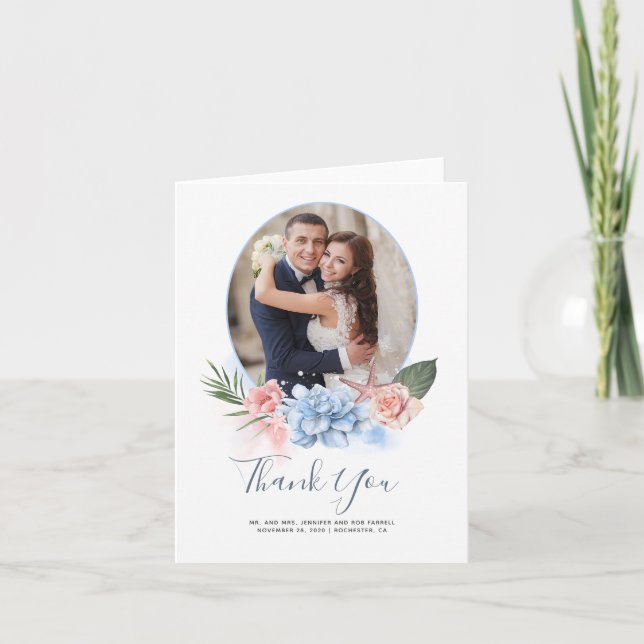Dusty Blue Beach Wedding Thank You Photo (Front)