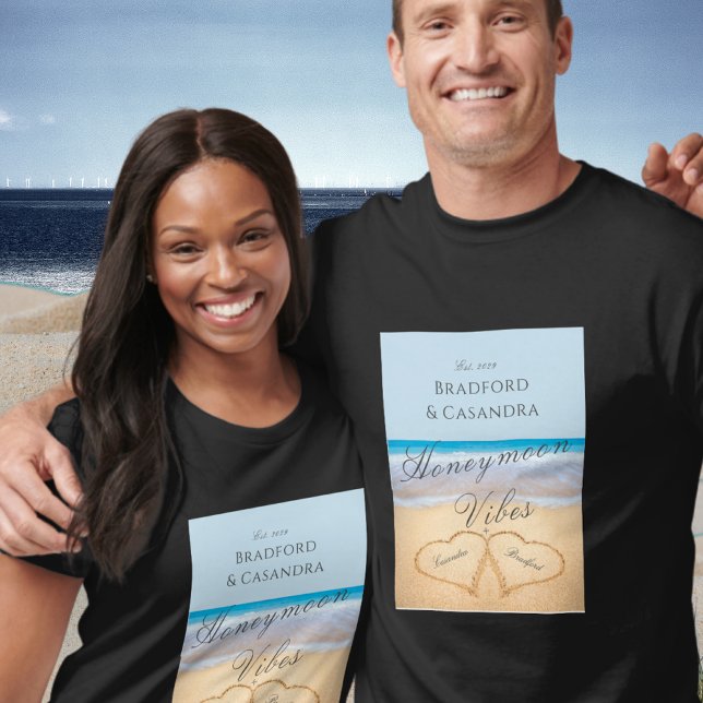 dusty Blue Beach with 2 Hearts in the Sand T-Shirt (Creator Uploaded)