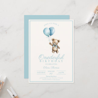 Dusty Blue Bear Boy First Birthday Invitation
