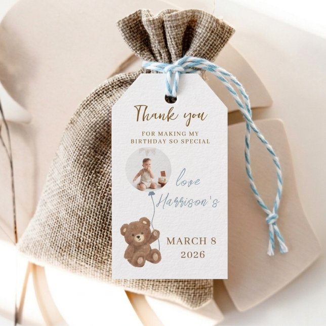 Dusty Blue Bear First Birthday Favour Tag  (Creator Uploaded)