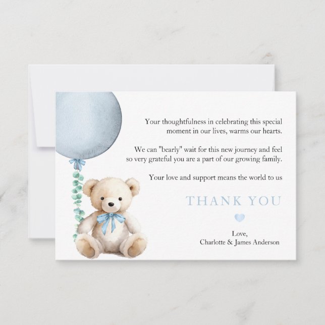 Dusty Blue Bearly Wait Baby Shower Thank You (Front)