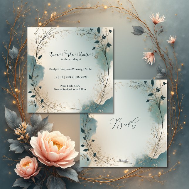 Dusty Blue Beige Boho Chic foliage wreath Wedding Save The Date (Creator Uploaded)
