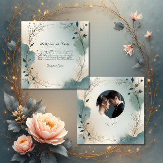 Dusty Blue Beige Boho foliage wreath Wedding photo Thank You Card