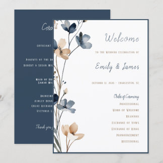 Dusty Blue Beige Botanical Modern Elegant Wedding Program
