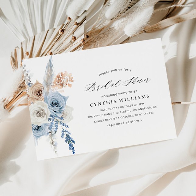 dusty blue beige floral pampas bridal shower invitation (Creator Uploaded)