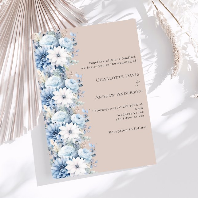 Dusty blue beige florals elegant wedding invitation (Creator Uploaded)