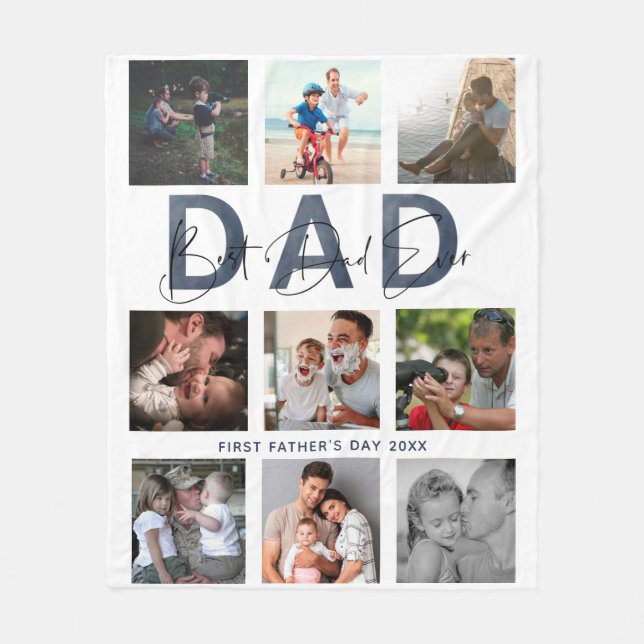 Dusty Blue Best Dad Ever Photo Collage 1st Father Fleece Blanket (Front)