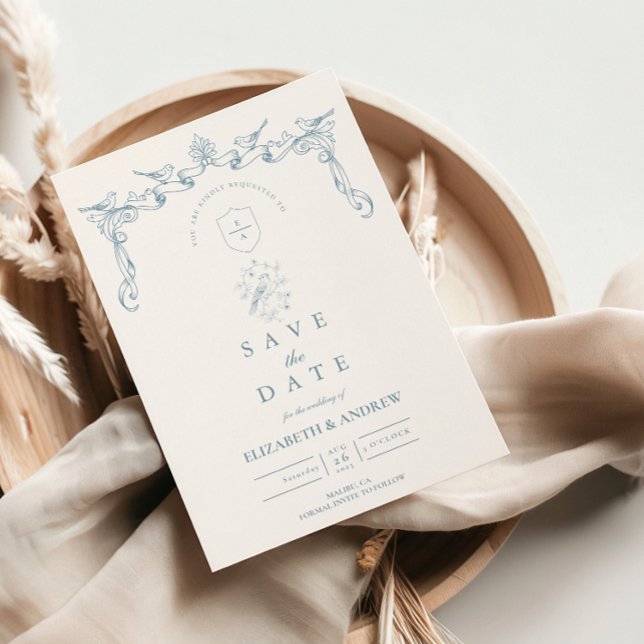 Dusty Blue Bird Baroque Wedding Save The Date (Creator Uploaded)